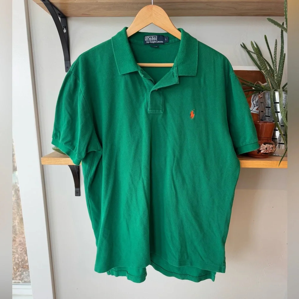 POLO Ralph Lauren Emerald Green Cotton Polo with Orange Embroidered Logo Large